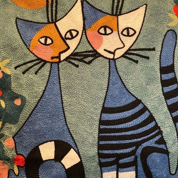 Embroidered Abstract Cat Throw Pillow Cover Fits 18x18 or 20x20 Inserts - Picture 3 of 3